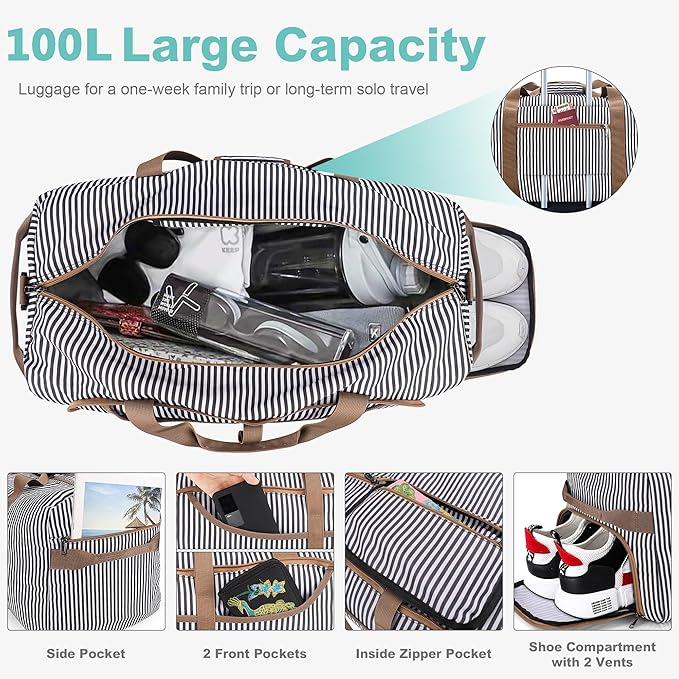 100L Duffle Bag for Travel, Large Foldable Waterproof Travel Duffel Bags Weekender Overnight Bag for Men and Women with Shoe Compartment (Stripe)