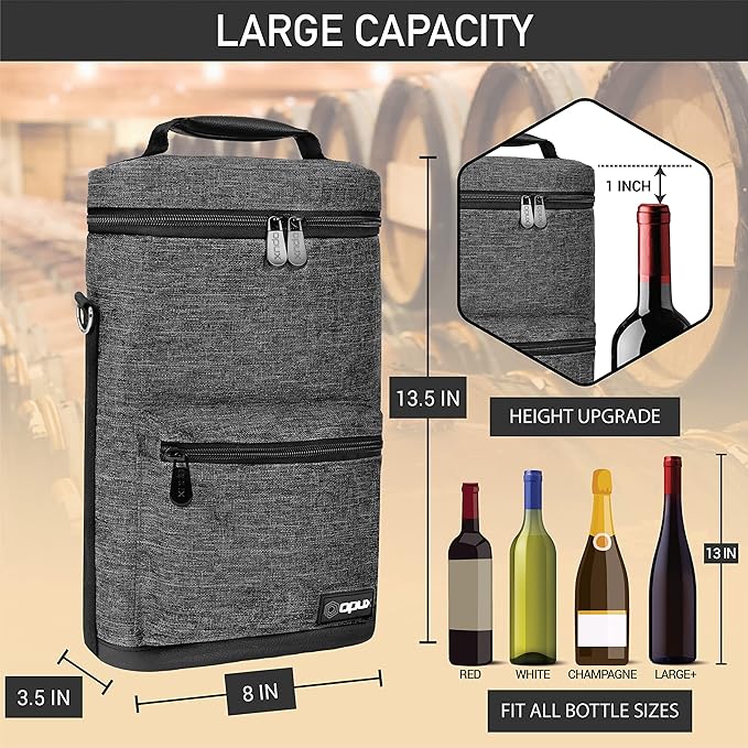 Opux 2 Bottle Wine Tote Carrier, Insulated Cooler Bag for Travel Picnic, Leakproof Padded Case, Wine Gifts for Women & Men, Charcoal Gray