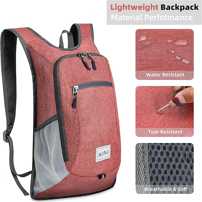 Foldable Travel Daypack - 10L Lightweight Backpack for Women & Men (Red) - Camping & Hiking