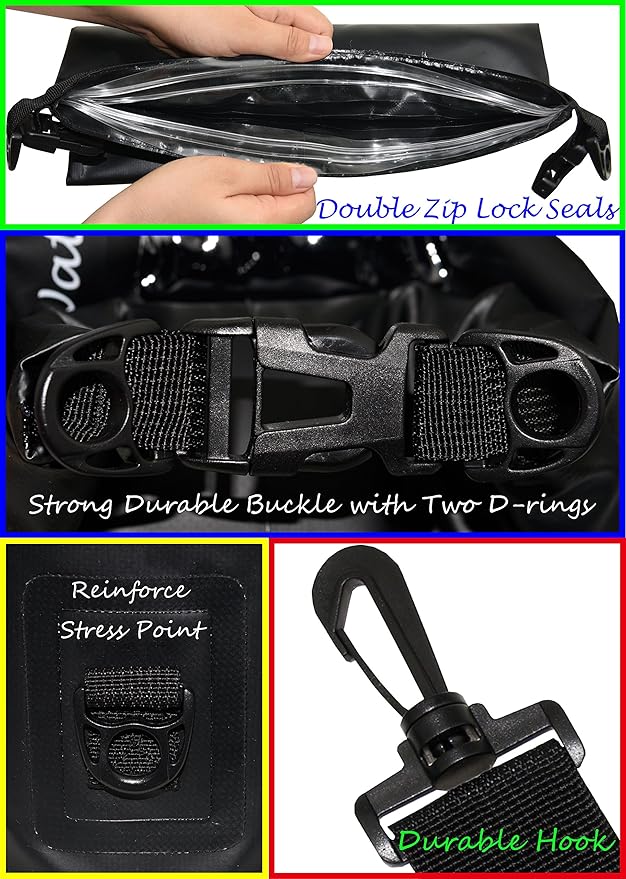 Freegrace Waterproof Dry Bags Set Of 3 Dry Bag With 2 Zip Lock Seals & Detachable Shoulder Strap, Waist Pouch & Phone Case - Can Be Submerged Into Water - For Swimming (Black, 10L)