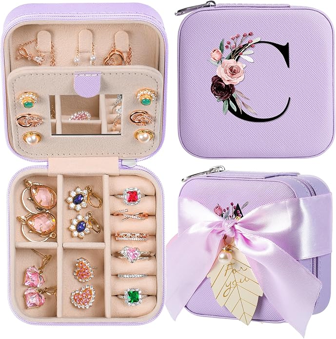 AYGXU Travel Jewelry Box for Women and Girls - Small Case With Initial A-Z - Teacher Gifts