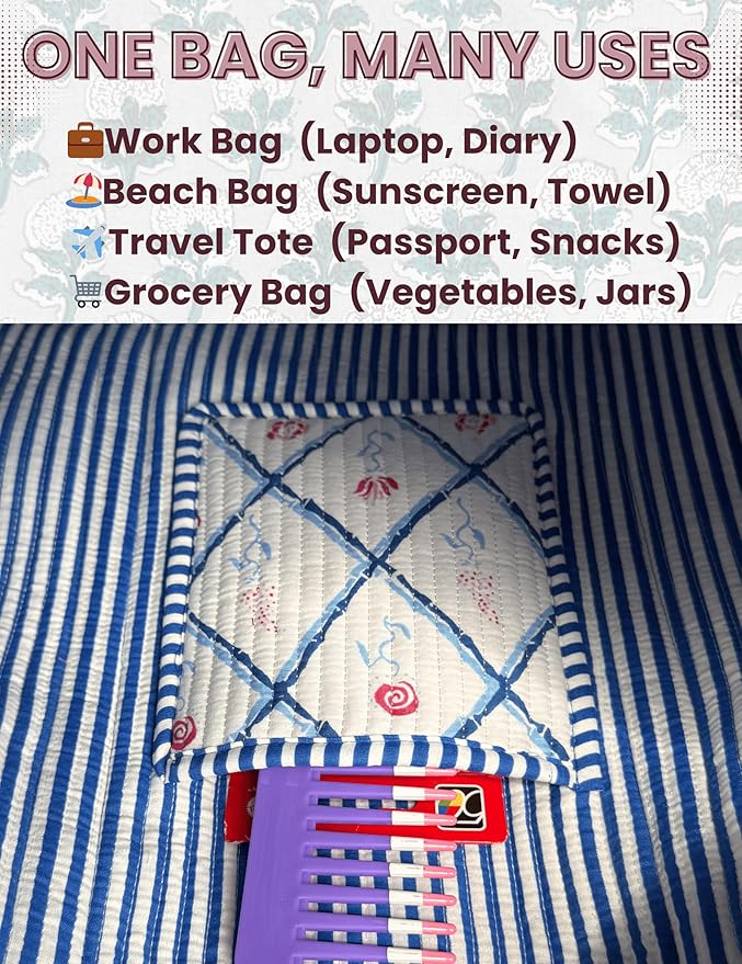 Cotton Quilted Tote Bag for Women – Large Beach & Travel Tote with Zipper, Reusable Grocery Bag