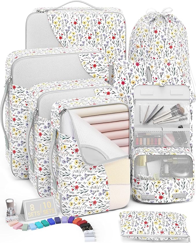 8 Set Packing Cubes for Travel, Gifts for Women Mom,Anti-Tearing Suitcase Organizer for Luggage with Shoe & Hanging Toiletry Bag,OlarHike Vacation Essentials & Accessories for Cruise Ship,Flower