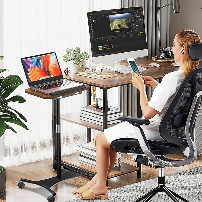 NAMON Laptop Floor Stand with Wheels - 2 in 1 Dual-use Floor & Desk, Adjustable Height from 16.5" to 51", Stable Standing for Projector, Ipad (Walnut Effect)