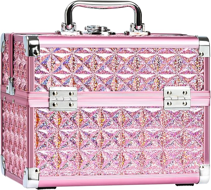 Makeup Case Organizer,Makeup Train Case, Trays Cosmetic Box Portable, Profesional for Salon Barber,Pink