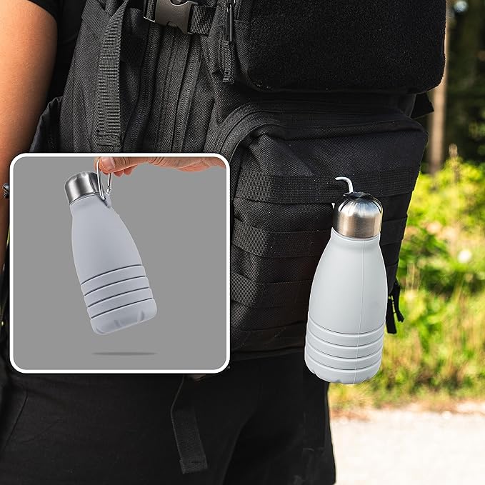 Foldable Drinking Bottle - BPA-free, leak-proof - Ideal festival accessory and practical outdoor companion with carabiner (Grey)