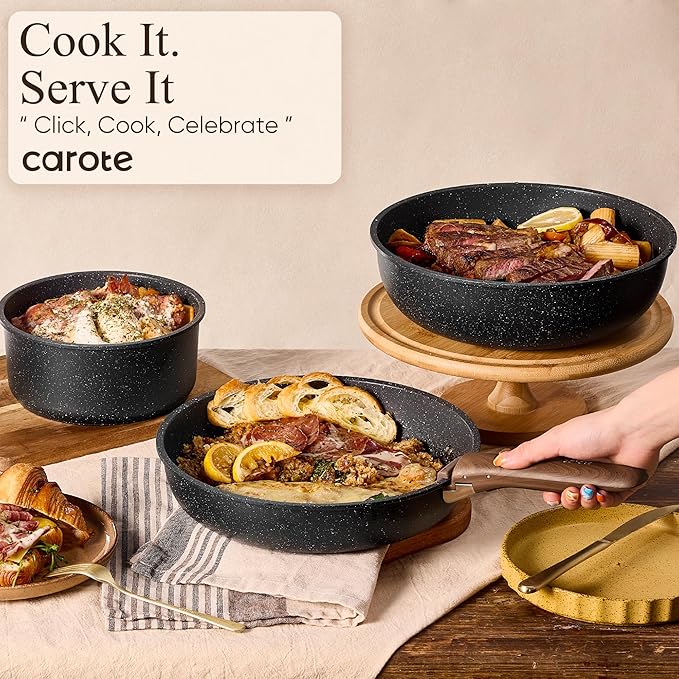 CAROTE 17pcs Pots and Pans Non Stick, Cookware Sets Detachable Handle, Induction Kitchen Pots and Pans,NonStick Cooking Set, Oven/Dishwasher/Fridge Safe, Space Saving