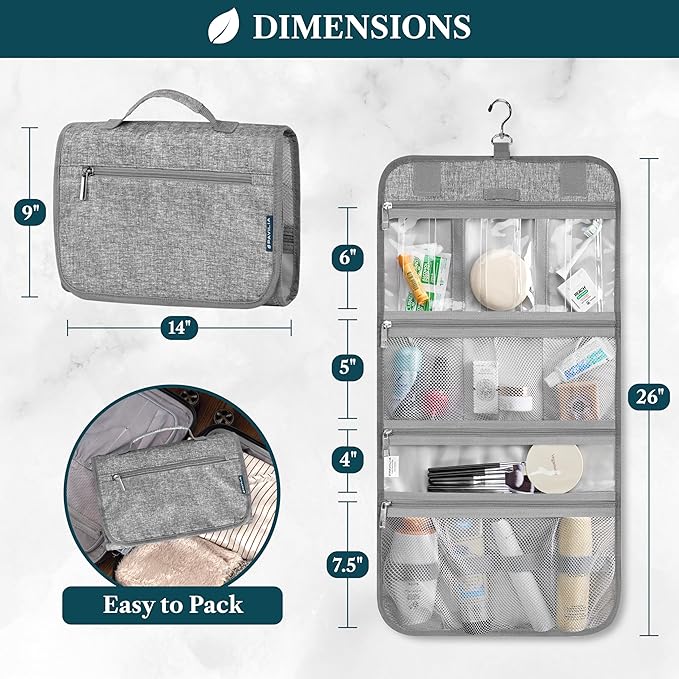 PAVILIA Hanging Toiletry Bag Women Men, Travel Kit Foldable Large Toiletries Organizer, Roll up Cosmetics Makeup Bag Accessories, Waterproof Essentials Jewelry Case (Heather Grey)