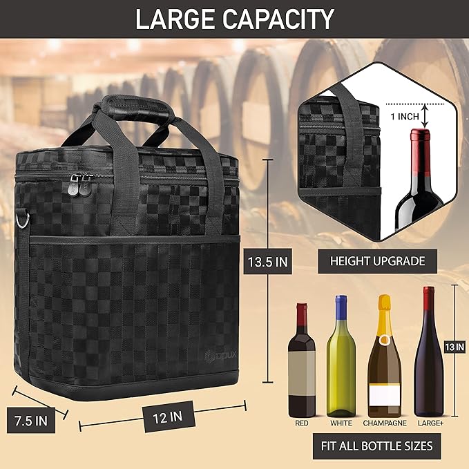 opux 6 Bottle Carrier Tote | Insulated Padded Wine Cooler Bag for Travel. Picnic, BYOB | Portable Leakproof Wine Tote Bag for Dinner, Party, Christmas, Wine Gift for Women, Men (Black Square)