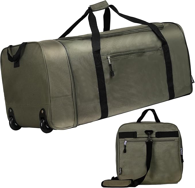 Finnhomy 100L Foldable Rolling Duffel Bag with 2 Wheels, Light Weight Travel Duffel bag with Large Loading Capacity, 32 inch Rolling Duffel bag with Shoulder Strap for Travel Camping Sports, Green