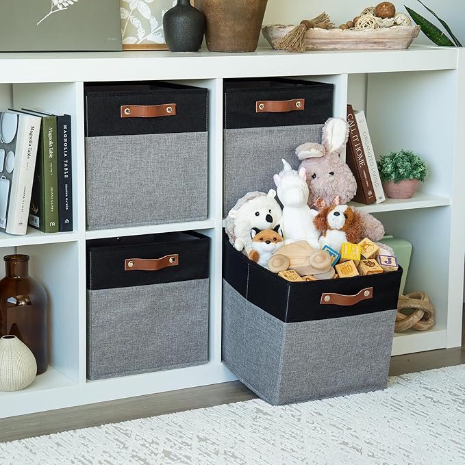 OrganiHaus 12x12 Fabric Storage Bins - Set of 4, Cube Fabric Organizer Bins with Vegan Handles, Kallax Storage Cubes, Cubbies Organizer Boxes, 12Inch Cubic Baskets for Shelves - Grey/Black