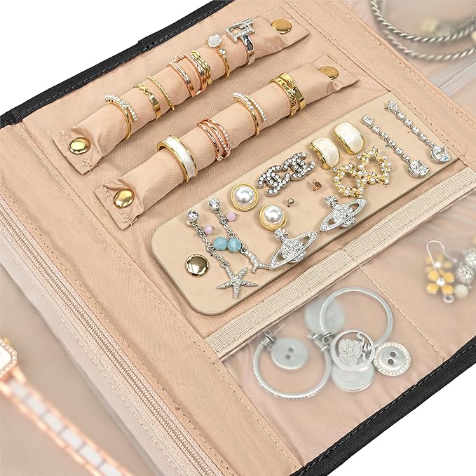 Pavilia Foldable Jewelry Organizer - Travel Roll Bag with Compartments for Earrings, Rings, Necklaces, Bracelets - Packing Accessory