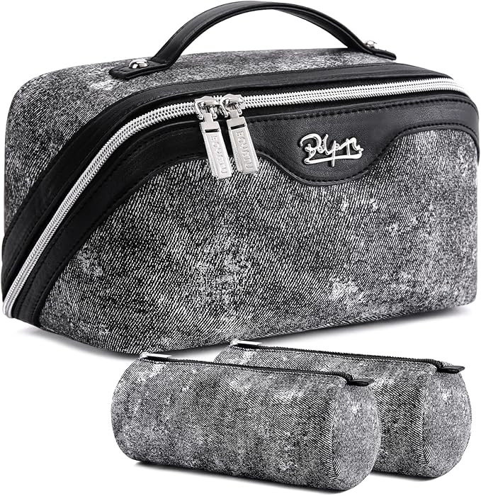 Travel Makeup Bag Cosmetic Bags for Women: 3 Sets Large Capacity Make up Bag - Portable Toiletry Bags with Handle for Women(05-Black)