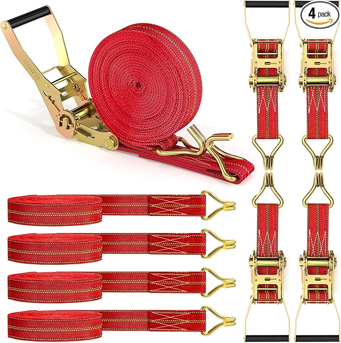 4Pack Heavy Duty Ratchet Straps, 2” 32Ft Ratchet Tie Down Strap, Tie Down Ratcheting with Double J Hook, 4000 LB Break Strength Cargo Straps Ratcheting for Moving Cargo, Lawn Equipment and Motorcycles