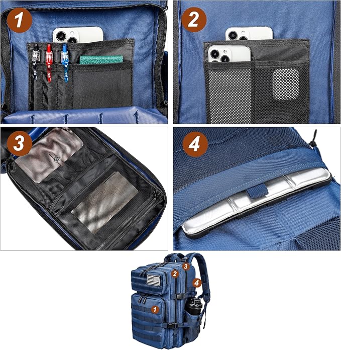LHI Military Tactical Backpack for Men and Women 45L Army 3 Days Assault Pack Bag Large Rucksack with Molle System - Blue