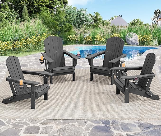 SERWALL Foldable Adirondack Chair Set of 6, HDPE Adirondack Chair with Wood-Texture-Gray