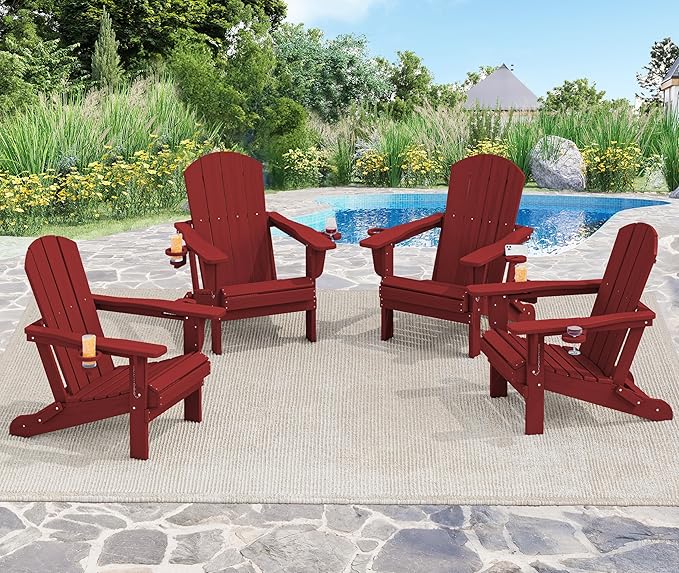 SERWALL Adirondack Chair with Cup Holders - Composite Adirondack Chairs Set of 4 HDPE Outdoor Chairs All Weather Use- Dark Red