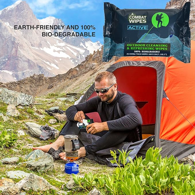Combat Wipes ACTIVE Outdoor Wet Wipes - Extra Thick Camping Gear, Biodegradable, Body & Hand Cleansing/Refreshing Cloths for Backpacking & Gym w/Natural Aloe & Vitamin E(2 pack, 25 wipes each)