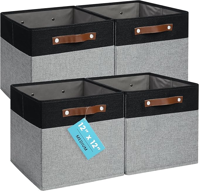 OrganiHaus 12x12 Fabric Storage Bins - Set of 4, Cube Fabric Organizer Bins with Vegan Handles, Kallax Storage Cubes, Cubbies Organizer Boxes, 12Inch Cubic Baskets for Shelves - Grey/Black