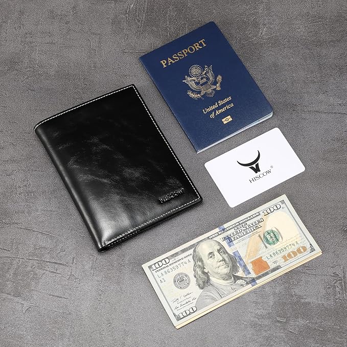 HISCOW Italian Leather Passport Holder for Travel - RFID Blocking Wallet Cover with Secure Organizer for Men & Women, US & Foreign Trips, Antiqued Black