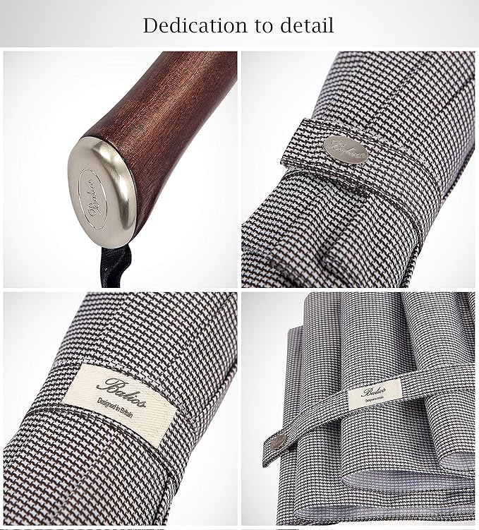 Balios (Designed in UK) Travel Umbrella Luxurious Golden Hardwood Handle Auto Open & Close Windproof Frame Single Canopy Automatic Folding Umbrella Men's & Ladies
