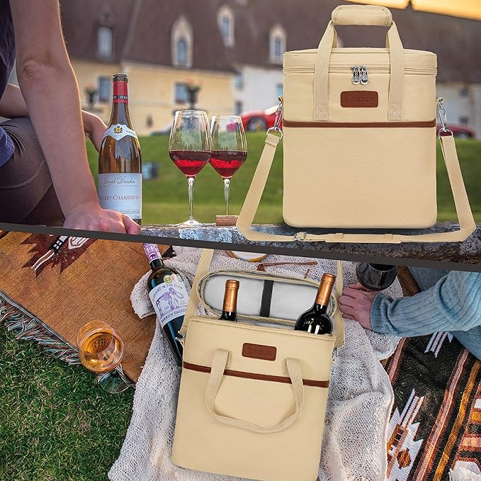 OPUX 3 Bottle Wine Carrier Tote, Insulated Leakproof Wine Cooler Bag, Wine Travel Bag Tote for Picnic Beach, Portable Wine Bottle Carrying Case, Gift for Wine Lover Women Men Christmas, Beige Cream