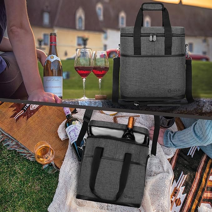 opux 6 Bottle Carrier Tote | Insulated Padded Wine Cooler Bag for Travel. Picnic, BYOB | Portable Leakproof Wine Tote Bag for Dinner, Party, Christmas, Wine Gift for Women, Men (Charcoal Gray)