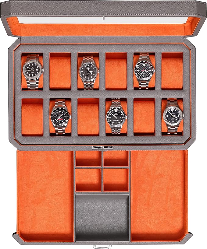 ROTHWELL 12 Slot Leather Watch Box with Valet Drawer - 12 Slot Luxury Watch Case Display Organizer, Microsuede Liner, Mens Accessories Holder, Jewelry Case, Jewelry Display Organizer (Grey/Orange)