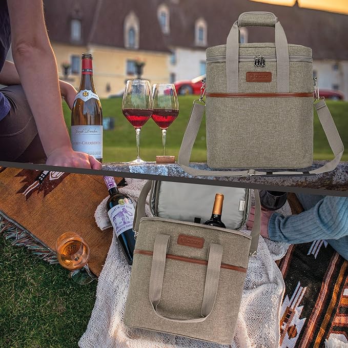 opux 6 Bottle Carrier Tote | Insulated Padded Wine Cooler Bag for Travel. Picnic, BYOB | Portable Leakproof Wine Tote Bag for Dinner, Party, Christmas, Wine Gift for Women, Men (Heather Taupe)