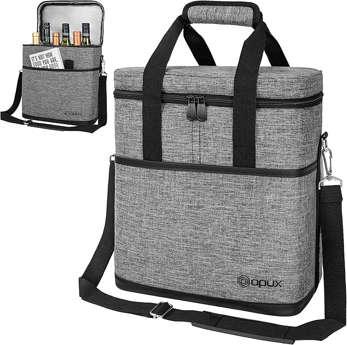 opux 6 Bottle Carrier Tote | Insulated Padded Wine Cooler Bag for Travel. Picnic, BYOB | Portable Leakproof Wine Tote Bag for Dinner, Party, Christmas, Wine Gift for Women, Men (Heather Gray)