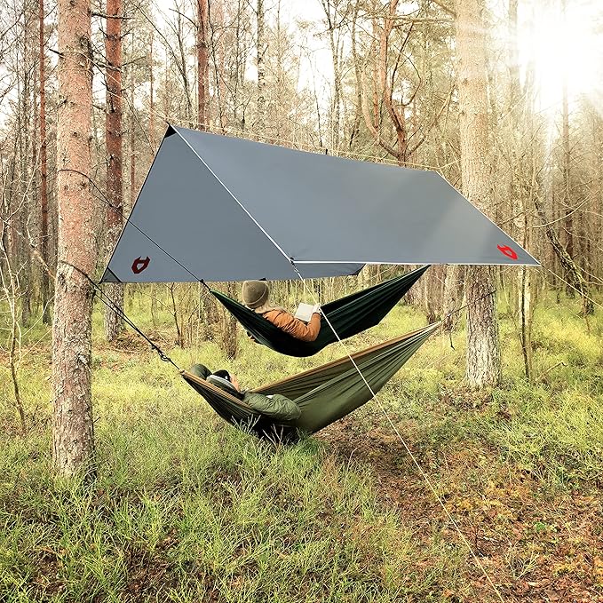 Rain Fly 10x10 Lightweight Survival Camping Tarp; 100% Waterproof; Makes a Great Backpacking Tarp or Hammock Shelter; Comes in Multiple Colors, Survival Bracelet Included; Grey